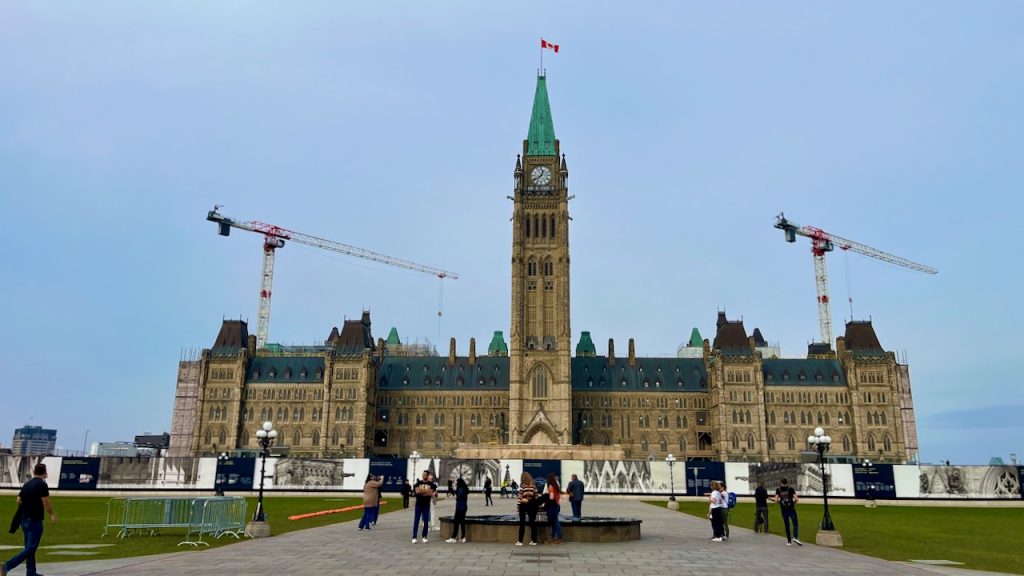 Photo of Canadian Parliament building under renovation in Ottawa.
