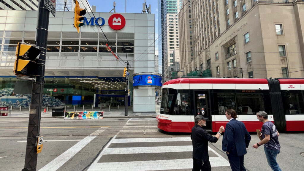 Downtown Toronto; a streetcar going by on King Street W.
